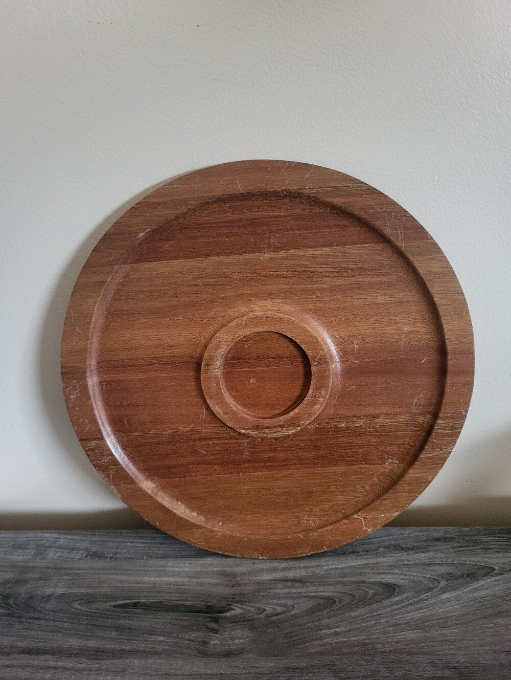 Vintage Dolphin Teak Wood Round Serving Tray 1970s